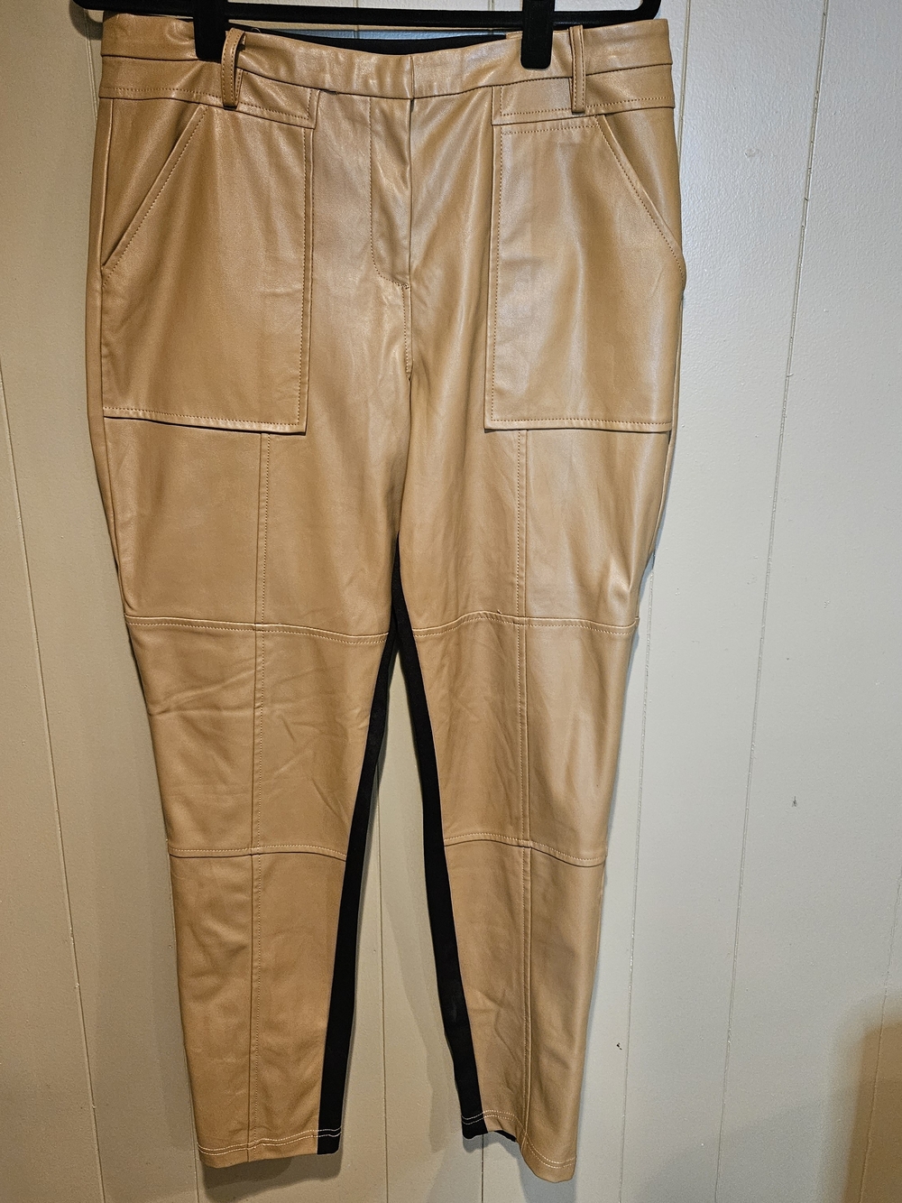 NENE LEAKES Size 14 Tan Faux Leather Colorblock Skinny Pants Black Ponte Stretch